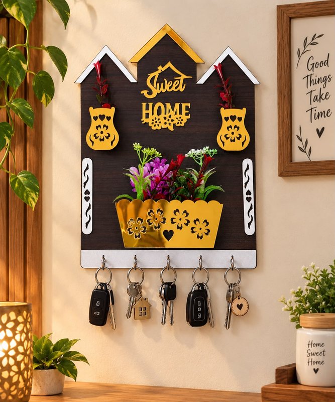 Wooden Key Holder Wall Decor | Sweet Home Key Organizer with Flower Pot Design