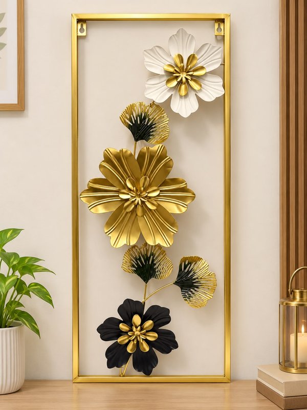 3D Floral Metal Wall Art – Gold, Black & White — Rectangle
